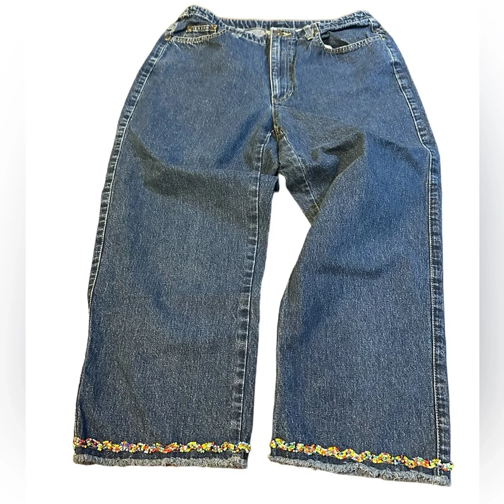 Liz Claiborne‎ LizWear size 10 Blue Capri Beaded Mid Rise Cotton Denim Jeans